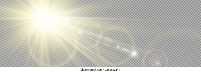 	
Special lens flash, light effect. The flash flashes rays and searchlight. illust.White glowing light. Beautiful star Light from the rays. The sun is backlit. Bright beautiful star. Sunlight. Glare.