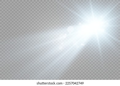 Spezielles Objektiv Blitz, Lichteffekt. Der Blitz blinkt Strahlen und Suchlicht. illust.Weiß leuchtendes Licht. Schöner Stern Licht von den Strahlen. Die Sonne ist heller. Heller schöner Stern. Sonnenlicht. Schön.