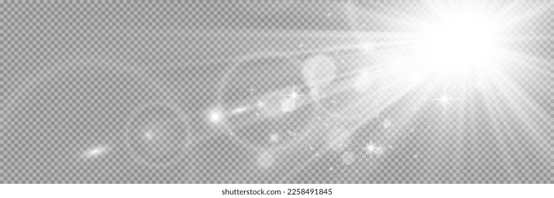 Special lens flash, light effect. The flash flashes rays and searchlight. illust.White glowing light. Beautiful star Light from the rays. The sun is backlit. Bright beautiful star. Sunlight. Glare.	