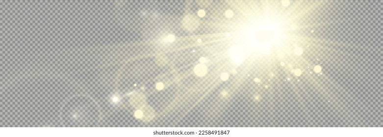 Special lens flash, light effect. The flash flashes rays and searchlight. illust.White glowing light. Beautiful star Light from the rays. The sun is backlit. Bright beautiful star. Sunlight. Glare.	