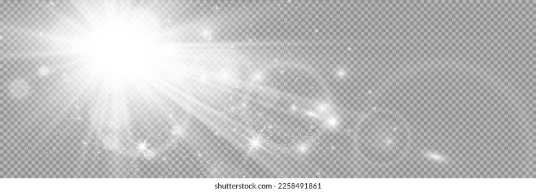Special lens flash, light effect. The flash flashes rays and searchlight. illust.White glowing light. Beautiful star Light from the rays. The sun is backlit. Bright beautiful star. Sunlight. Glare.	
