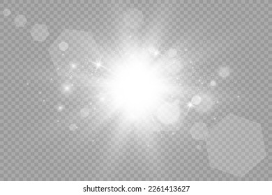 Spezielles Objektiv Blitz, Lichteffekt. Der Blitz blinkt Strahlen und Suchlicht. illust.Weiß leuchtendes Licht. Schöner Stern Licht von den Strahlen. Die Sonne ist heller. Heller schöner Stern. Sonnenlicht. Schön.