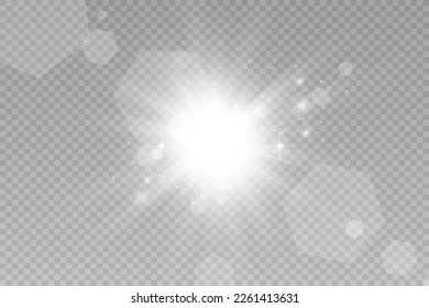 Special lens flash, light effect. The flash flashes rays and searchlight. illust.White glowing light. Beautiful star Light from the rays. The sun is backlit. Bright beautiful star. Sunlight. Glare.