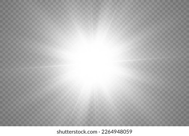 Special lens flash, light effect. The flash flashes rays and searchlight. illust.White glowing light. Beautiful star Light from the rays. The sun is backlit. Bright beautiful star. Sunlight.	