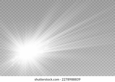 Special lens flash, light effect. The flash flashes rays and searchlight. illust.White glowing light. Beautiful star Light from the rays. The sun is backlit. Bright beautiful star. Sunlight. Glare.	