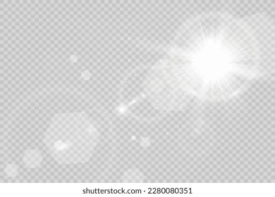 Special lens flash, light effect. The flash flashes rays and searchlight. illust.White glowing light. Beautiful star Light from the rays. The sun is backlit. Bright beautiful star. Sunlight. Glare.	