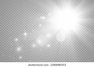 Special lens flash, light effect. The flash flashes rays and searchlight. illust.White glowing light. Beautiful star Light from the rays. The sun is backlit. Bright beautiful star. Sunlight. Glare.	