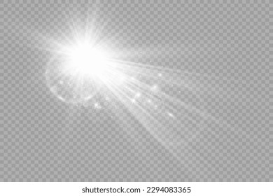 Special lens flash, light effect. The flash flashes rays and searchlight. illust.White glowing light. Beautiful star Light from the rays. The sun is backlit. Bright beautiful star. Sunlight. Glare.	