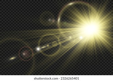Special lens flash, light effect. The flash flashes rays and searchlight. illust.White glowing light. Beautiful star Light from the rays. The sun is backlit. Bright beautiful star. Sunlight.	