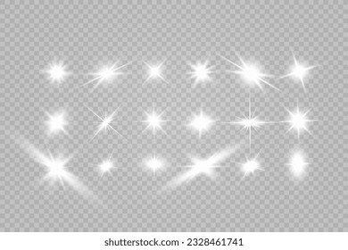 Special lens flash, light effect. The flash flashes rays and searchlight. illust.White glowing light. Beautiful star Light from the rays. The sun is backlit. Bright beautiful star. Sunlight. Glare.	
