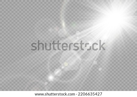 	
Special lens flash, light effect. The flash flashes rays and searchlight. illust.White glowing light. Beautiful star Light from the rays. The sun is backlit. Bright beautiful star. Sunlight. Glare.	