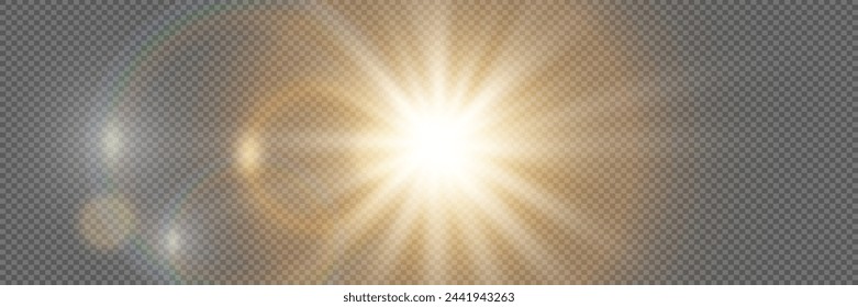 Flash de lente especial, efecto de iluminación. La llamarada destella con rayos de luz. Sobre un fondo transparente.