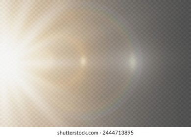Flash de lente especial, efecto de iluminación. La llamarada destella con rayos de luz. Sobre un fondo transparente.