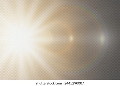 Flash de lente especial, efecto de iluminación. La llamarada destella con rayos de luz. Sobre un fondo transparente.