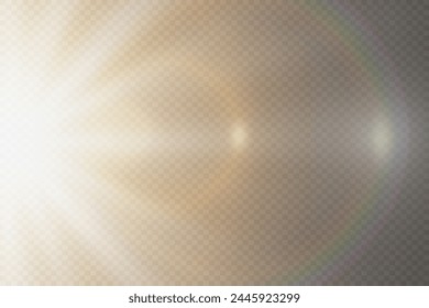 Flash de lente especial, efecto de iluminación. La llamarada destella con rayos de luz. Sobre un fondo transparente.