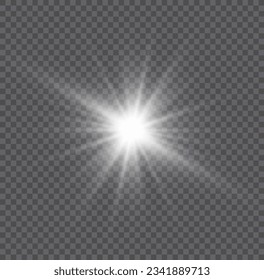 Special light effect, flash, explosion. White stars with ray sparkles isolated on transparent background. Transparent glitter glitter gradient, bright highlight. Glare texture vector.