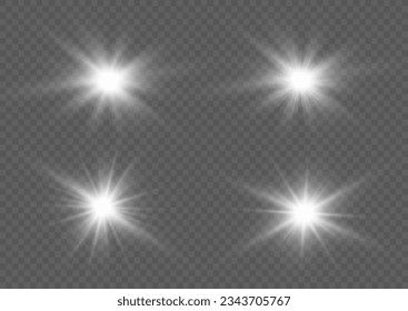 Special light effect, flash, explosion. White stars with ray sparkles isolated on transparent background. Transparent glitter glitter gradient, bright highlight. Glare texture vector.
