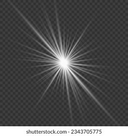 Special light effect, flash, explosion. White stars with ray sparkles isolated on transparent background. Transparent glitter glitter gradient, bright highlight. Glare texture vector.