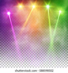 Special Light Effects. Realistic Vector Bright Projectors For Scene Lighting Isolated On Plaid Backdrop. Colorful Stage Lights Background. Background Show Carnival.Vector Eps10.