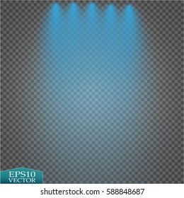 Special light effects. Realistic vector blue projectors for scene lighting isolated on transparent backdrop. Colorful stage lights background. Vector Spotlights. Scene. Light Effects.
