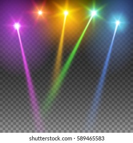 Special light effects. Realistic vector bright projectors for scene lighting isolated on plaid backdrop. Colorful stage lights background. Background show carnival.Vector eps10.