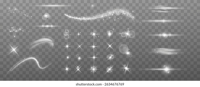 Special Light Glow Effect. Shine, Dust, Sparks, Explosions, Curved Swirls, Solar Flare, Glitter, Stars, Wind Glare, and Magical Light Motion Elements on Transparent Background	