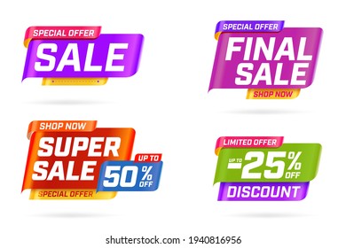 Special limited offer shop now with sale discount template. Super half price up to 50 percent sell off, final sale up to 25 percentage cost reduction vector illustration isolated on white background