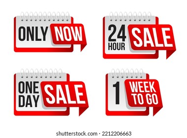 Special limited offers. One day sale, 24 hour sale, 1 week to go, only now. In loose-leaf calendar decoration - isolated promo banner elements set