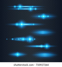 Special line flare light effects. Lights and Sparkles on Transparent Background. Glowing stars. Magic flash energy ray. Isolated on dark background. Vector illustration.