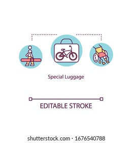 Special luggage concept icon. Oversized baggage transportation idea thin line illustration. Sports equipment and wheel chair vector isolated outline RGB color drawing. Editable stroke