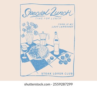 Special lunch artwork for t shirt print, poster, sticker and other uses. Steak platter club. Food vintage artwork.