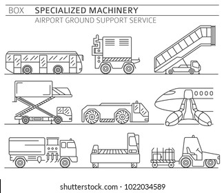 Special machinery collection. Airport ground support service linear vector icon set isolated on white. Illustration