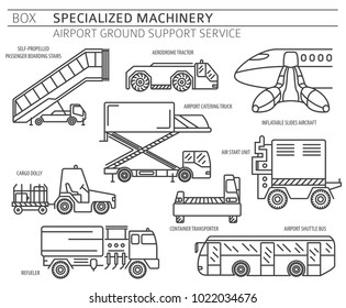 Special machinery collection. Airport ground support service linear vector icon set isolated on white. Illustration