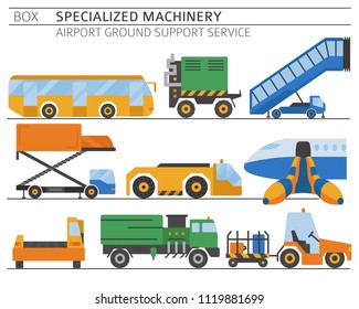 Special machinery collection. Airport ground support service coloured vector icon set isolated on white. Illustration