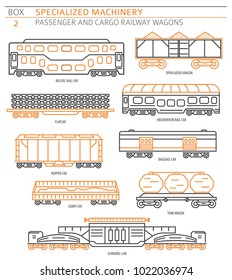 Special machinery collection. Passenger and cargo railway wagons linear vector icon set isolated on white. Illustration