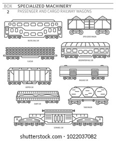 Special machinery collection. Passenger and cargo railway wagons linear vector icon set isolated on white. Illustration