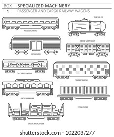 Special machinery collection. Passenger and cargo railway wagons linear vector icon set isolated on white. Illustration