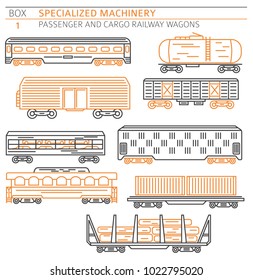 Spezielle Maschinensammlung. Lineare Vektorillustration von Pkw- und Güterbahnwagen einzeln auf Weiß.  Illustration