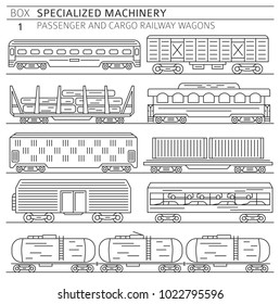 Special machinery collection. Passenger and cargo railway wagons linear vector icon set isolated on white. Illustration