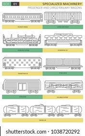 Special machinery collection. Passenger and cargo railway wagons linear vector icon set isolated on white. Illustration