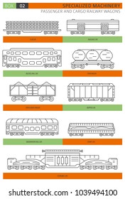 Special machinery collection. Passenger and cargo railway wagons linear vector icon set isolated on white. Illustration