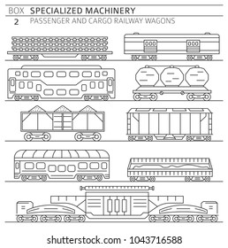 Special machinery collection. Passenger and cargo railway wagons linear vector icon set isolated on white. Illustration