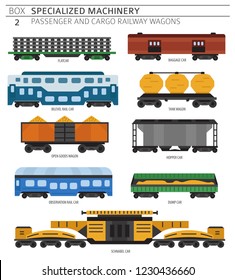 Special machinery collection. Passenger and cargo railway wagons vector icon set isolated on white. Illustration