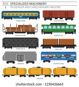 Special machinery collection. Passenger and cargo railway wagons vector icon set isolated on white. Illustration