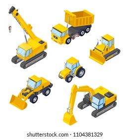 Special machinery isolated icons. Vector 3d style isometric illustrations of excavator, wheel loader, bulldozer, tractor, dumper, crane.