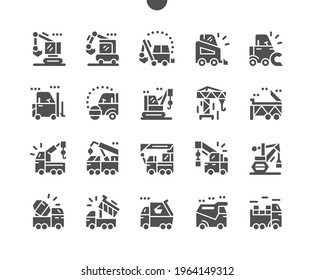 Special machinery. Manipulator, road roller, dump truck, excavator, and crane. Special equipment for cargo transportation. Construction and vehicle. Vector Solid Icons. Simple Pictogram