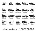 Special machinery, set of construction equipment. Collection of silhouettes of working equipment and cars. Black vector illustration icon.