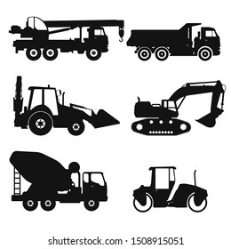 Special machinery, set of construction equipment. Collection of silhouettes of working equipment and cars. Black white vector illustration icon.
