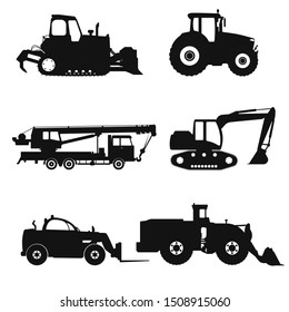 Special machinery, set of construction equipment. Collection of silhouettes of working equipment and cars. Black white vector illustration icon.