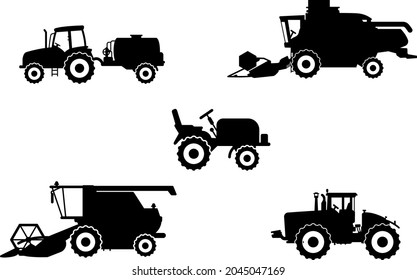 Special machinery, set of construction equipment. Collection of silhouettes of working equipment and cars. Black vector illustration icon.